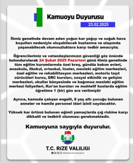 Rize okullar tatil mi SON DAKİKA? 24 Şubat Pazar Rize okul yok mu (Rize Valiliği Açıklaması – KAR TATİLİ)?