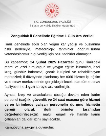 Zonguldak okullar tatil mi SON DAKİKA? 24 Şubat Pazar Zonguldak okul yok mu (Zonguldak Valiliği Açıklaması – KAR TATİLİ)?