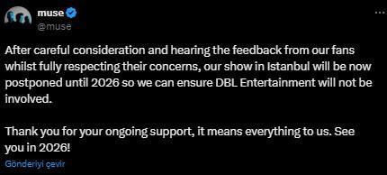Dünyaca ünlü rock grubu Muse, boykot çağrıları sonrası İstanbul konserini 2026'ya erteledi