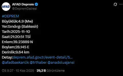 Balıkesir'de 4.9 büyüklüğünde bir deprem daha