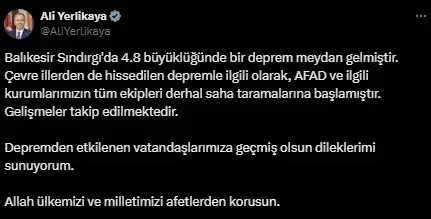 Balıkesir'de iki dakika arayla 4.8 ve 4.2 büyüklüğünde deprem