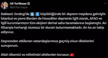 Balıkesir'de 6,1 büyüklüğünde deprem! İstanbul dahil birçok ilde hissedildi