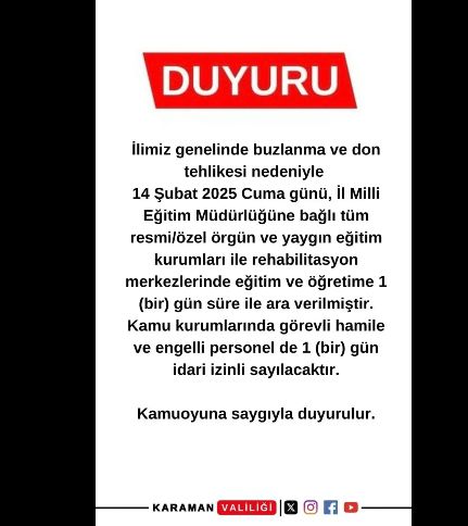 Karaman okullar tatil mi SON DAKİKA? 14 Şubat Cuma Karaman okul yok mu (Karaman Valiliği Açıklaması – KAR TATİLİ)?