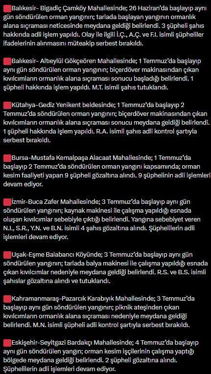 Bakan Yerlikaya: 65 orman yangınıyla ilgili 44 kişi gözaltına alındı, 10 kişi tutuklandı