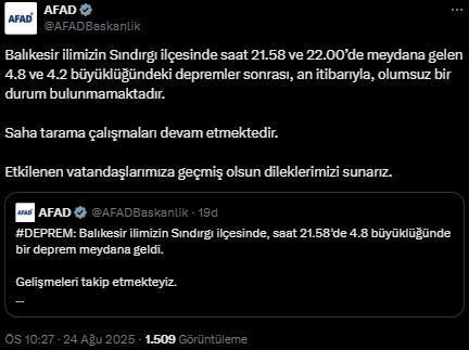Balıkesir'de iki dakika arayla 4.8 ve 4.2 büyüklüğünde deprem