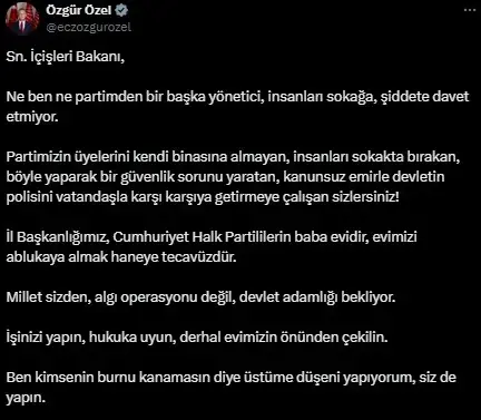 Bakan Yerlikaya 'Provokasyona müsaade yok' dedi, Özel'den yanıt geldi: Evimizin önünden çekilin