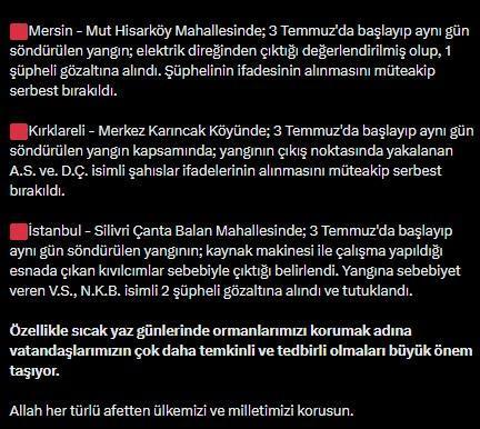 Bakan Yerlikaya: 65 orman yangınıyla ilgili 44 kişi gözaltına alındı, 10 kişi tutuklandı
