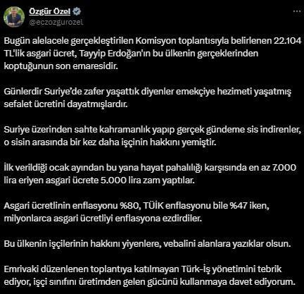 Yeni asgari ücrete muhalefetten ilk tepki! Özgür Özel sert çıkıştı