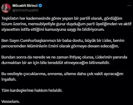 AK Parti'de disipline sevk edilen Mücahit Birinci, partisinden istifa ettiğini duyurdu