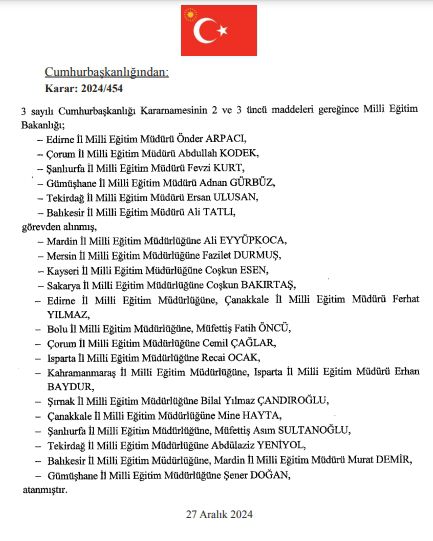 İl Milli Eğitim Müdürü ATAMA KARARNAMESİ yayınlandı 28 Aralık Cumartesi (15 İL)!