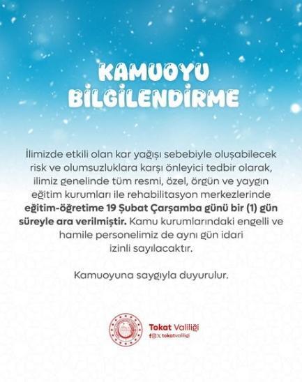 Tokat okullar tatil mi SON DAKİKA? 19 Şubat Çarşamba Tokat okul yok mu (Tokat Valiliği KAR TATİLİ AÇIKLAMASI)?