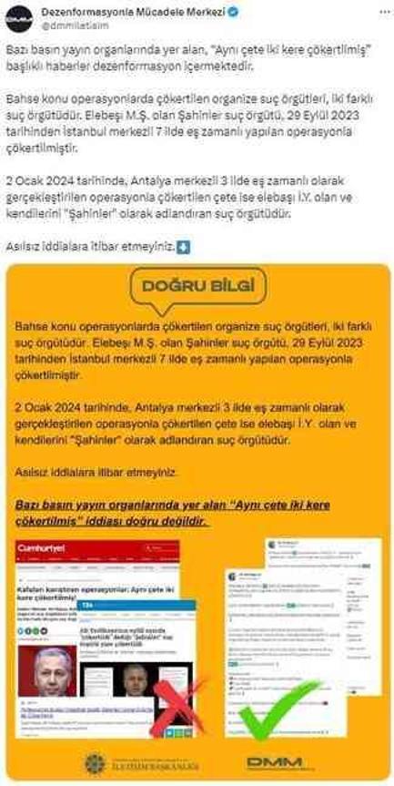 Dezenformasyonla Mücadele Merkezi: 'Aynı çete iki kere çökertildi' iddiaları asılsız