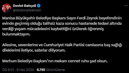 Ferdi Zeyrek'in hayatını kaybetmesinin ardından siyasilerden art arda taziye mesajları
