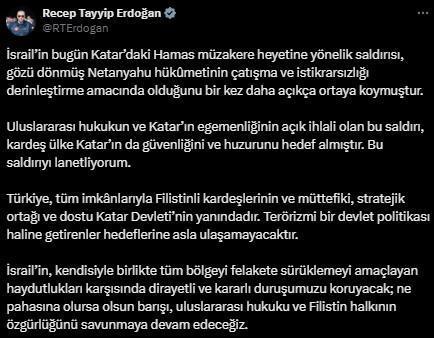 Cumhurbaşkanı Erdoğan: İsrail'in Katar'daki saldırısı, Netanyahu'nun çatışmayı derinleştirme amacında olduğunu bir kez daha göstermiştir
