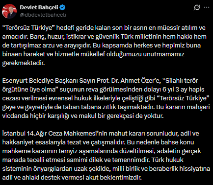 MHP Genel Başkanı Bahçeli: Ahmet Özer'e 6 yıl 3 ay hapis cezası verilmesi 'Terörsüz Türkiye' gaye ve gayretiyle taban tabana zıtlık taşımaktadır