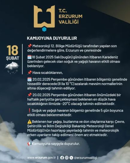 Erzurum okullar tatil mi SON DAKİKA? 19 Şubat Çarşamba Erzurum okul yok mu (Erzurum Valiliği KAR TATİLİ AÇIKLAMASI)?