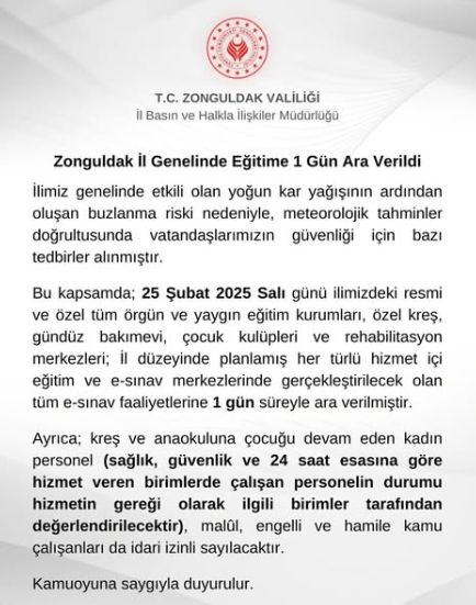 Zonguldak okullar tatil mi SON DAKİKA? 25 Şubat Salı Zonguldak okul yok mu (Zonguldak Valiliği Açıklaması – KAR TATİLİ)?