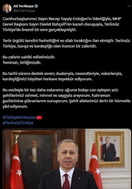 İçişleri Bakanı Yerlikaya: 'Terörsüz Türkiye, barışa ve kardeşliğe olan inancın bir zaferidir'
