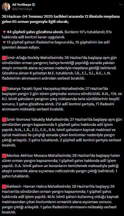 Bakan Yerlikaya: 65 orman yangınıyla ilgili 44 kişi gözaltına alındı, 10 kişi tutuklandı