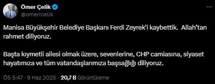 Ferdi Zeyrek'in hayatını kaybetmesinin ardından siyasilerden art arda taziye mesajları