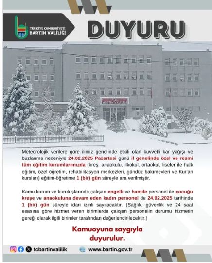 Bartın okullar tatil mi SON DAKİKA? 24 Şubat Pazar Bartın okul yok mu (Bartın Valiliği Açıklaması – KAR TATİLİ)?