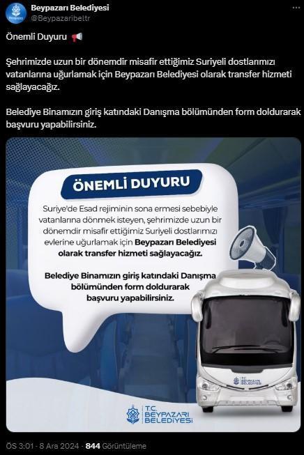 Belediyelerden ülkelerine dönmek isteyen Suriyeliler için transfer hizmeti