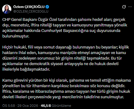 Özlem Çerçioğlu'ndan Özgür Özel hakkında suç duyurusu