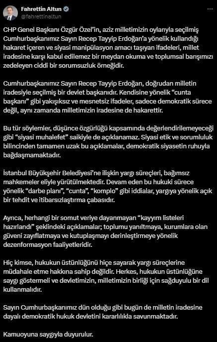 İletişim Başkanı Altun: Özgür Özel'in ifadeleri toplumsal barışı zedeleyen ciddi bir sorumsuzluktur