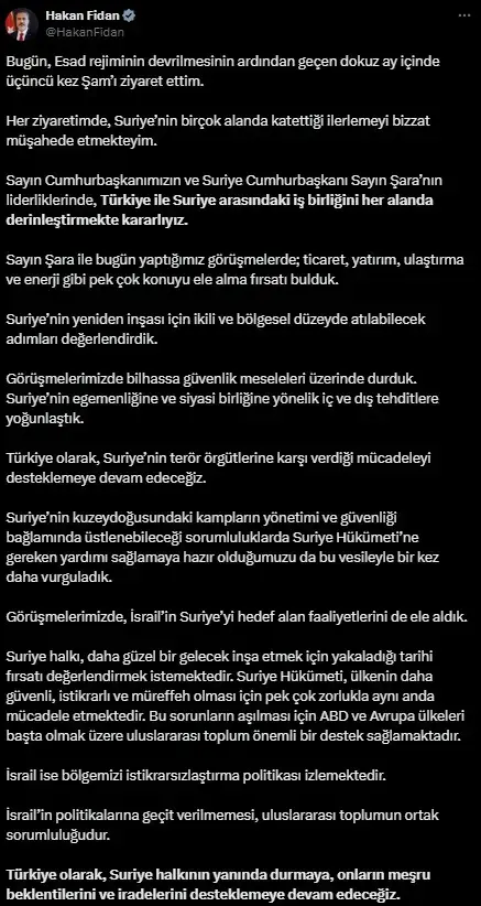 Dışişleri Bakanı Fidan, Suriye ziyaretini değerlendirdi