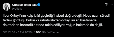 Tarihçi İlber Ortaylı'nın kalp krizi geçirdiği iddiasına kızından yalanlama