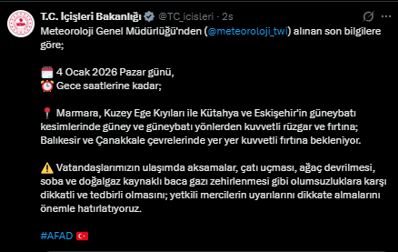 İçişleri Bakanlığı'ndan 13 il için fırtına uyarısı