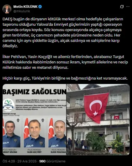 DEAŞ operasyonunda şehit düşen polis memuru Turgut Külünk, eski AK Parti Milletvekili Metin Külünk'ün akrabası çıktı