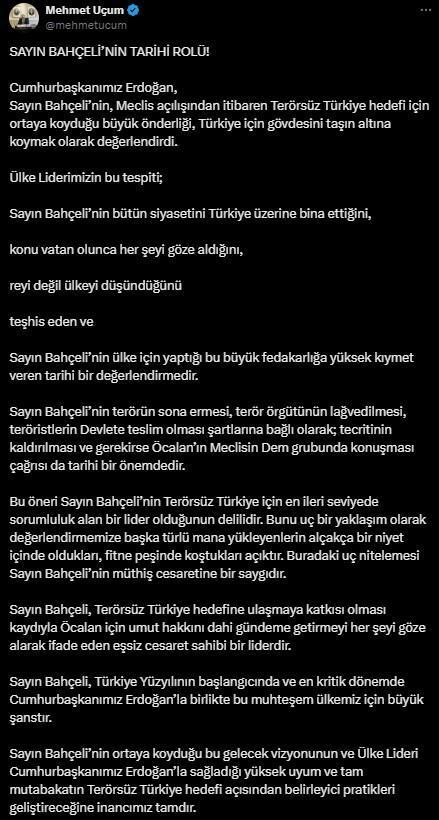 Cumhurbaşkanı Başdanışmanı Uçum'dan Bahçeli'nin 'Öcalan' çağrısına destek