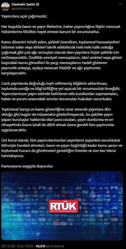 RTÜK Başkanı Ebubekir Şahin: Müsamaha gösterilmeyecek
