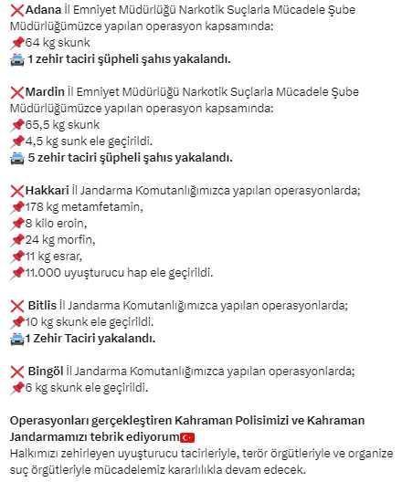 7 ilde düzenlenen Narkogüç-36 operasyonlarında 2 ton 350 kg uyuşturucu madde ele geçirildi