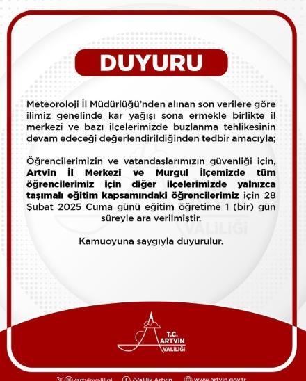 Artvin okullar tatil mi? 28 Şubat Cuma Artvin okullar yok mu? (Artvin VALİLİĞİ KAR TATİLİ AÇIKLAMASI!)