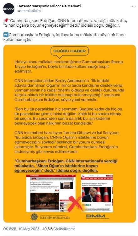 Dezenformasyonla Mücadele Merkezi, Cumhurbaşkanı Erdoğan'ın 'Sinan Oğan'a boyun eğmeyeceğim' dediğine yönelik iddiaları yalanladı
