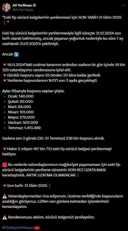 Ehliyet yenileme süresi 31 Ekim 2025'e kadar uzatıldı
