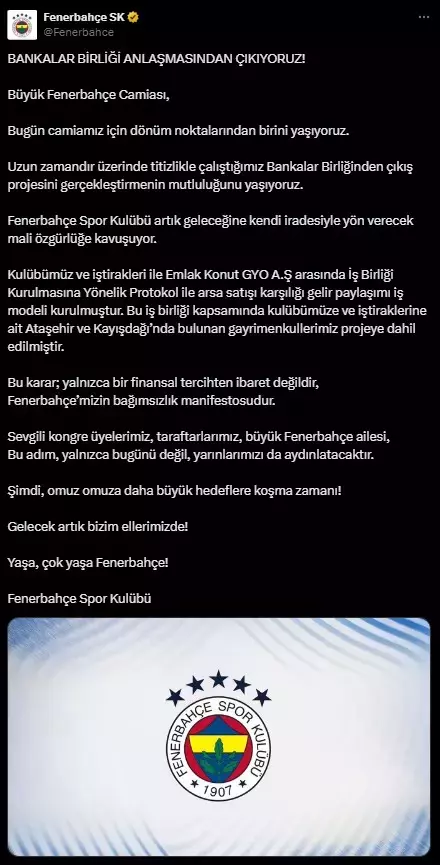 Fenerbahçe, Bankalar Birliği'nden çıkılacağını açıkladı