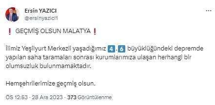 Malatya'da 4.6 büyüklüğünde deprem