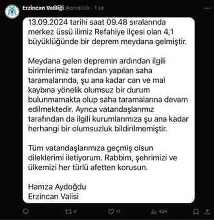 Erzincan'da 4.1 büyüklüğünde deprem! Vatandaşlar panik dolu anlar yaşadı