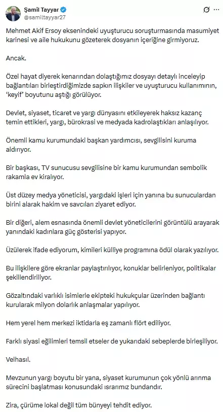 AK Partili Tayyar: Sapkın ilişkiler ve uyuşturucu kullanımı keyfi boyutu aşmış