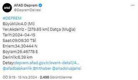 Muğla'nın Datça ilçesinde 4 büyüklüğünde bir deprem meydana geldi