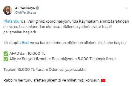 Son Dakika: İstanbul'da selden etkilenen ailelere 15 bin TL para yardımı yapılacak