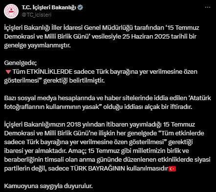 İçişleri Bakanlığı, 15 Temmuz'da Atatürk fotoğraflarının kullanımının yasak olduğu iddiasını yalanla