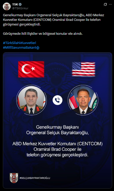 Genelkurmay Başkanı Orgeneral Bayraktaroğlu, CENTCOM Komutanı Oramiral Brad Cooper ile görüştü