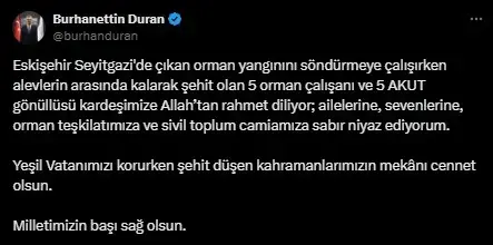 Cumhurbaşkanı Erdoğan'dan 10 orman şehidi için taziye mesajı