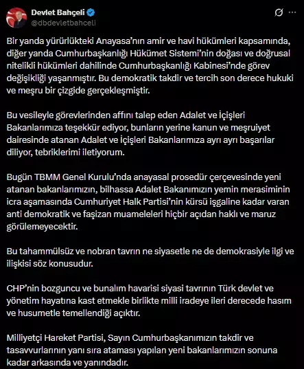 MHP lideri Bahçeli: Ataması yapılan yeni bakanlarımızın sonuna kadar arkasında ve yanındayız