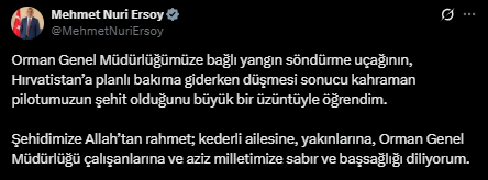 Siyasilerden Hırvatistan'daki uçak kazasında şehit olan pilot için başsağlığı mesajları