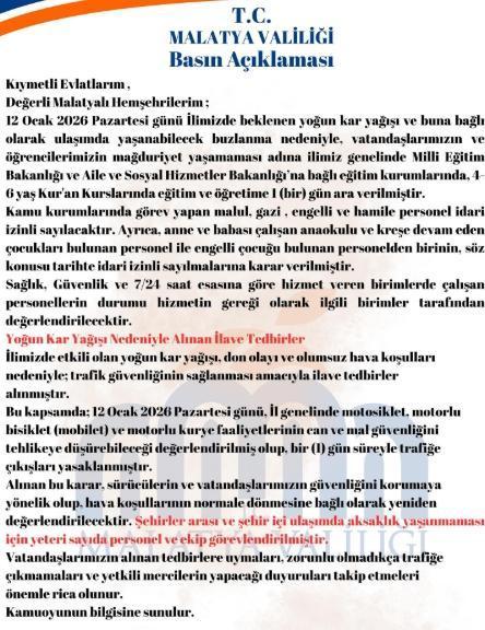 Malatya okullar tatil mi, 12 Ocak Pazartesi Malatya'da okul yok mu (MALATYA VALİLİĞİ - KAR TATİLİ)?